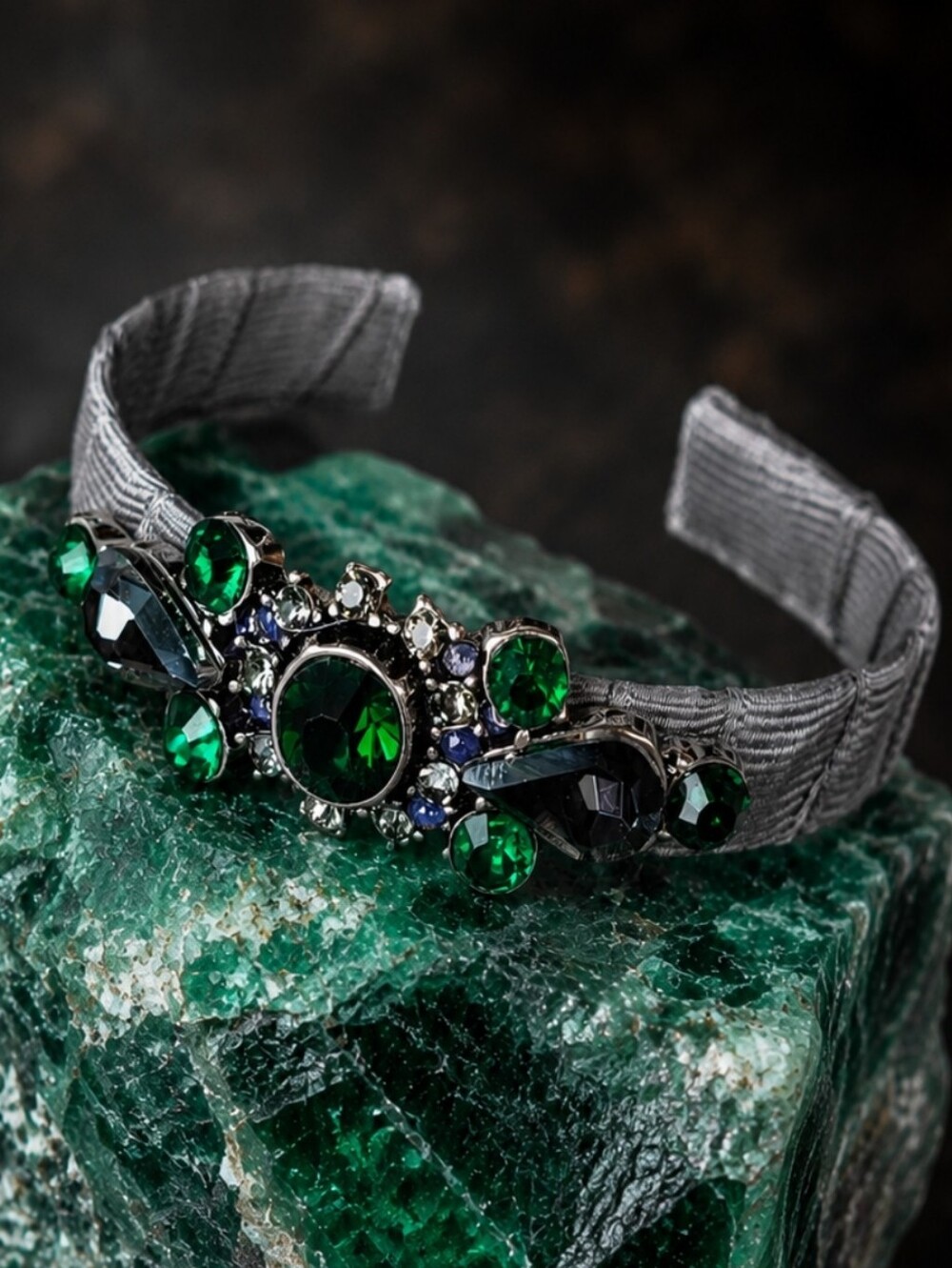 Emerald Gray Grey Grosgrain Ribbon Covered Rhinestone Formal Cuff Bracelet New